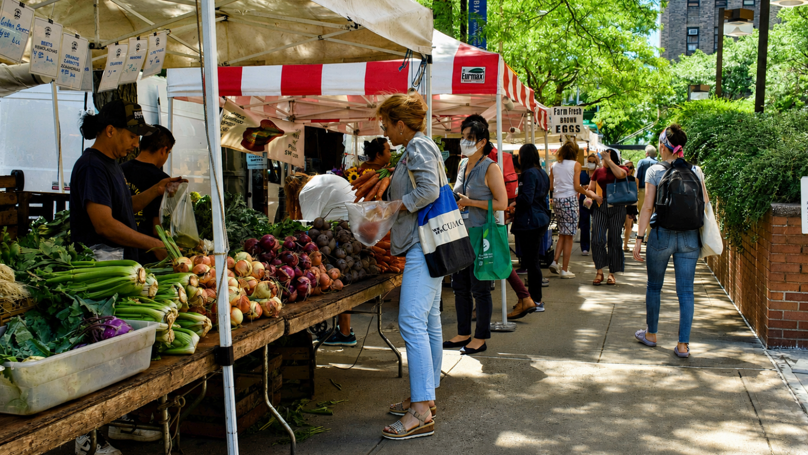 Shoppers browse fresh produce at the Greenmarket in Haven Plaza on a sunny day.