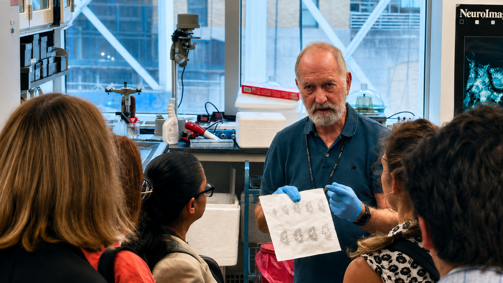 A researcher wearing blue gloves holds up a sheet of scientific images while speaking to a group gathered inside a laboratory.
