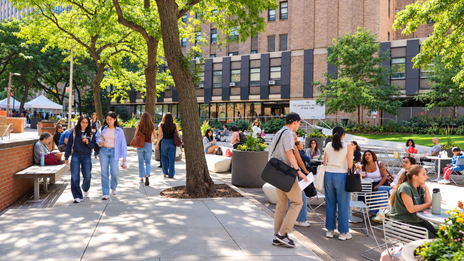 People walk, sit, and gather at outdoor tables beneath leafy trees in Haven Plaza at Columbia University Irving Medical Center.